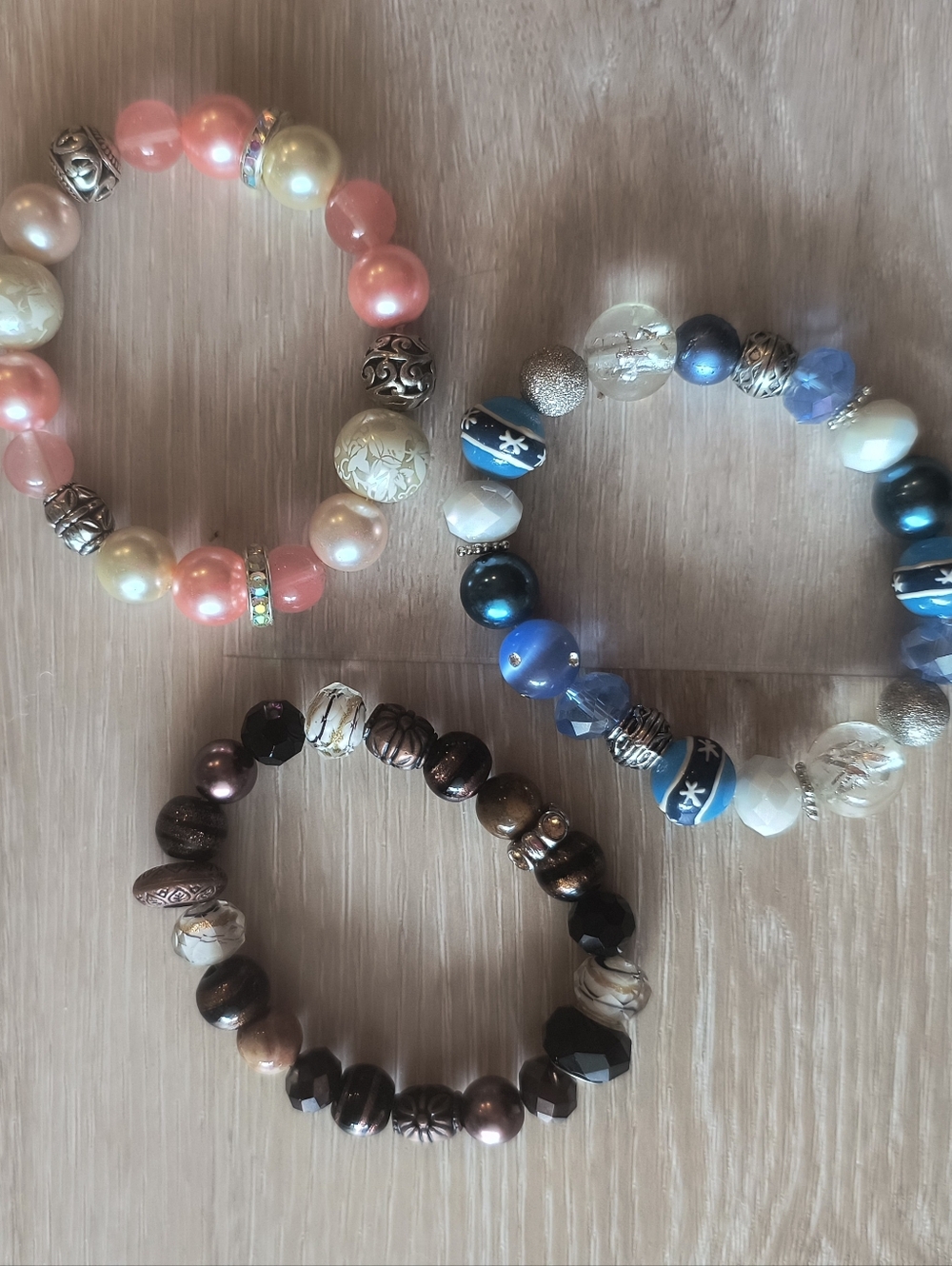 Handcrafted Beaded Stretch Bracelets in Pink, Blue & Brown